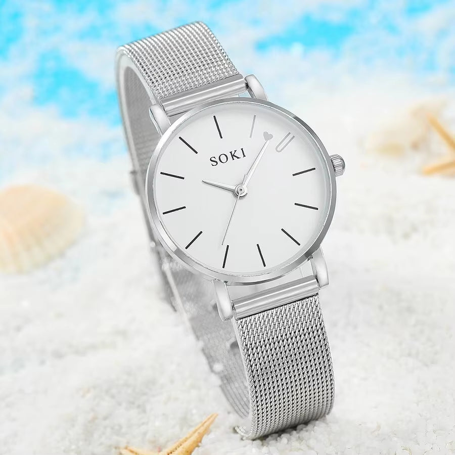 6Pc Simple Silver Quartz Watch with Bracelet for Women Casual Fashion round Simple Silver Watch Dainty Wheat Bracelets Set