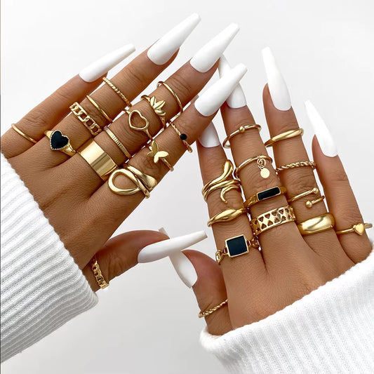 Metal Gold Color Rings Set Twist Hollow Rings for Women Pearl Vintage Butterfly Rings Geometric Trendy Jewelry Accessories