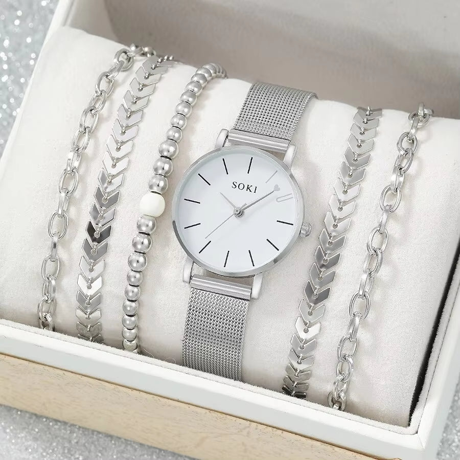 6Pc Simple Silver Quartz Watch with Bracelet for Women Casual Fashion round Simple Silver Watch Dainty Wheat Bracelets Set