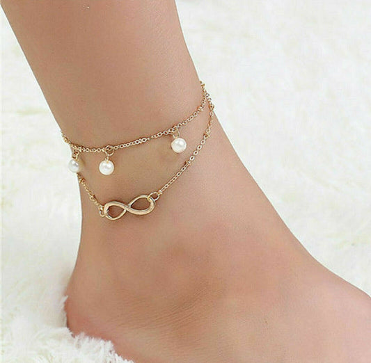 Women'S Alloy Gold Plated Double Layer Charm Love Ring Bracelet Chain Anklet