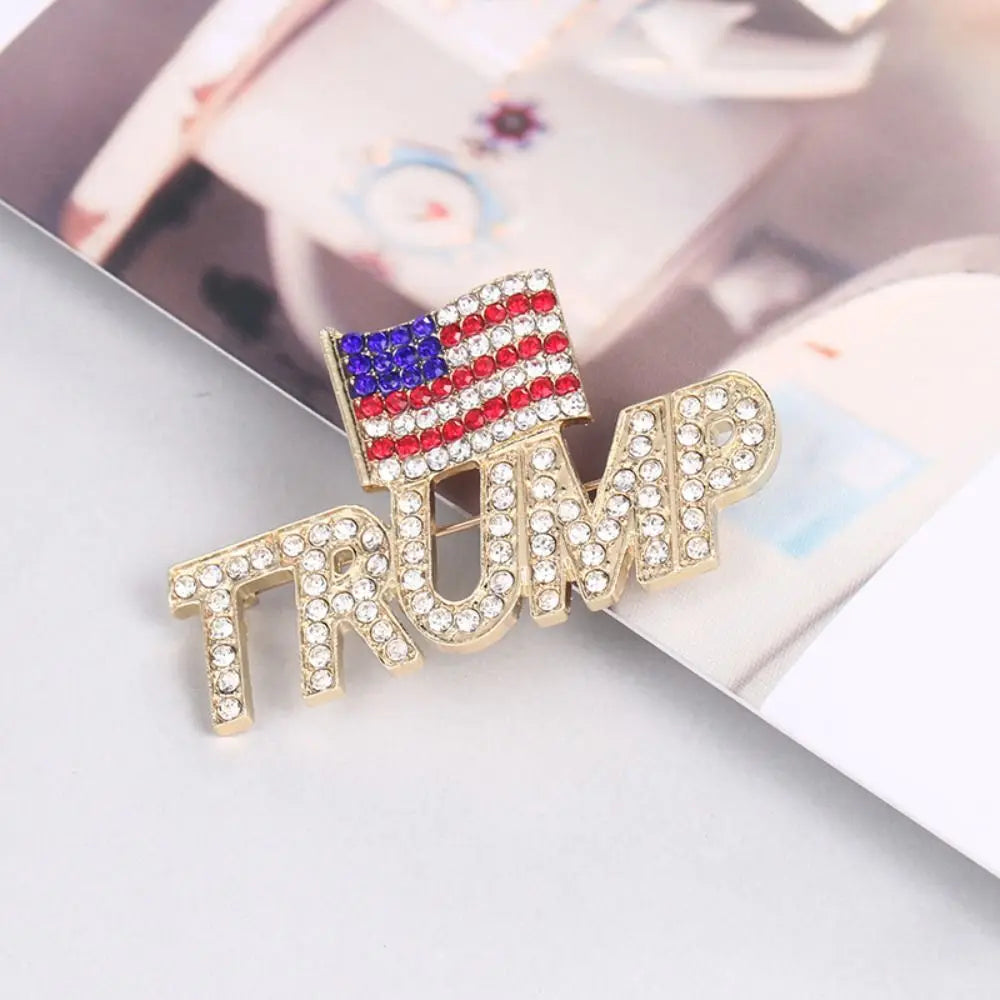 Crystal Trump Brooch with the USA Flag Word Brooch Pin Souvenir for United States of 2024 Presidential Election