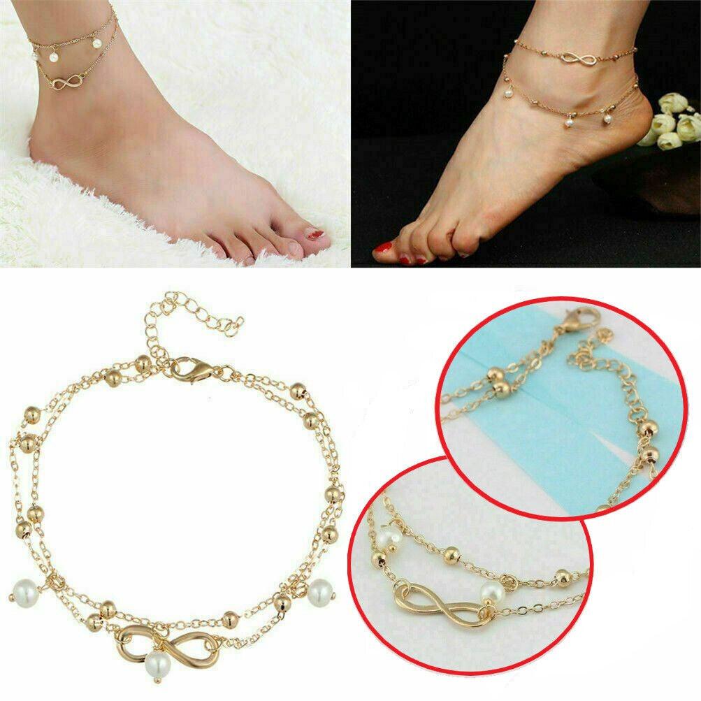 Women'S Alloy Gold Plated Double Layer Charm Love Ring Bracelet Chain Anklet