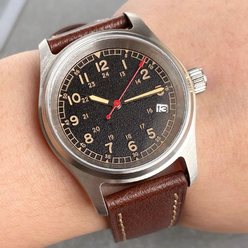 36Mm Vintage Field Diving Watch Business Mechanical Men Wristwatch NH35 Movt Small Pilot Watch 3.8 Date Red Arrow Hand