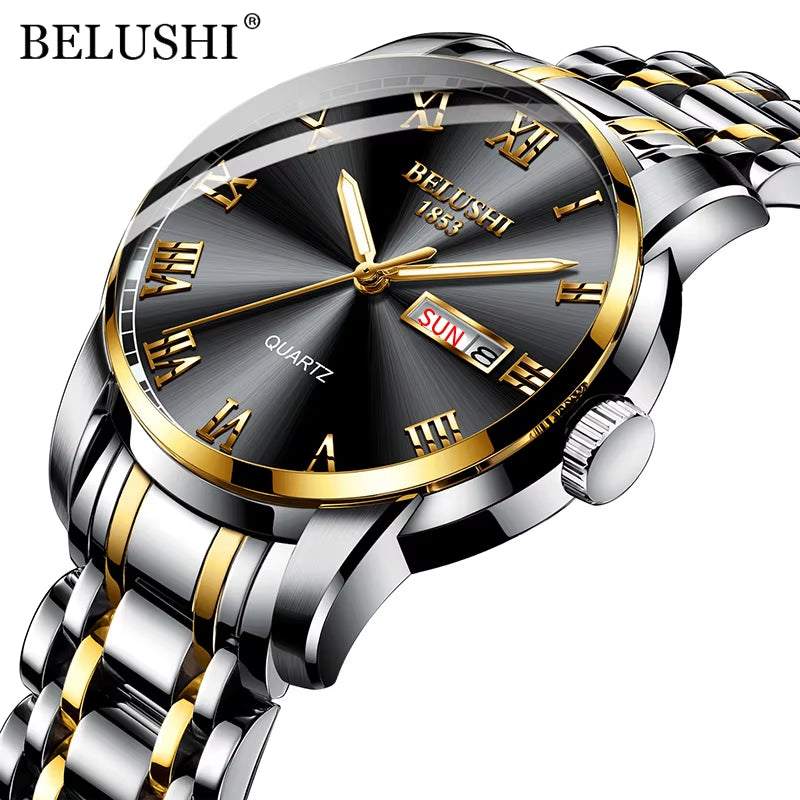 Men'S Fashion Business Quartz Watches Top Luxury Brand Full Steel Waterproof Analog Wristwatches Men Calendar Clock