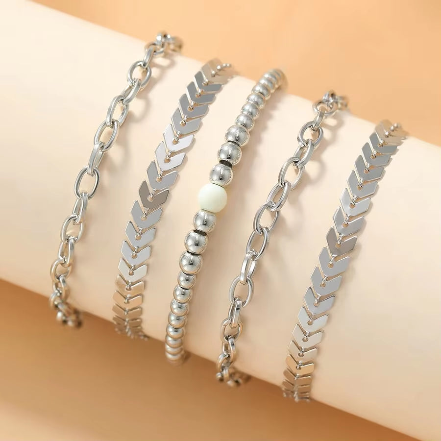 6Pc Simple Silver Quartz Watch with Bracelet for Women Casual Fashion round Simple Silver Watch Dainty Wheat Bracelets Set