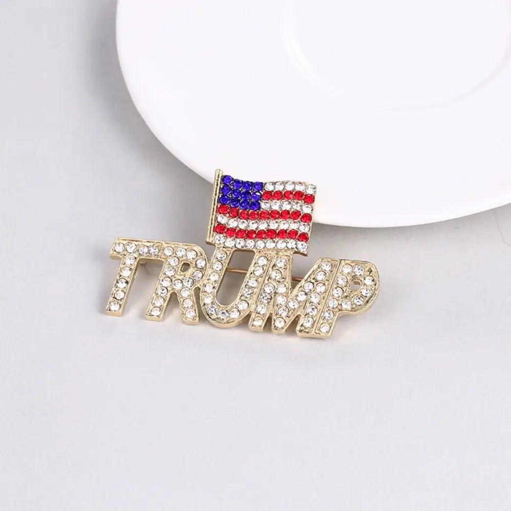 Crystal Trump Brooch with the USA Flag Word Brooch Pin Souvenir for United States of 2024 Presidential Election