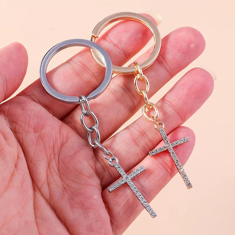 Fashion Cross Keychain for Women Men Gold Color Dazzling Crystal Religious Jesus Crucifix Key Rings Chain Christian Jewelry