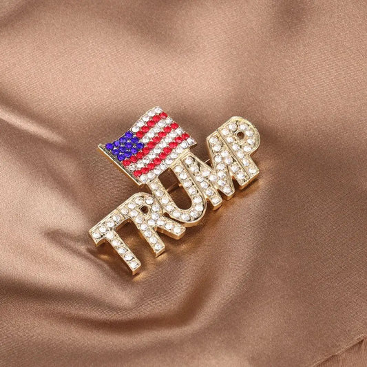 Crystal Trump Brooch with the USA Flag Word Brooch Pin Souvenir for United States of 2024 Presidential Election