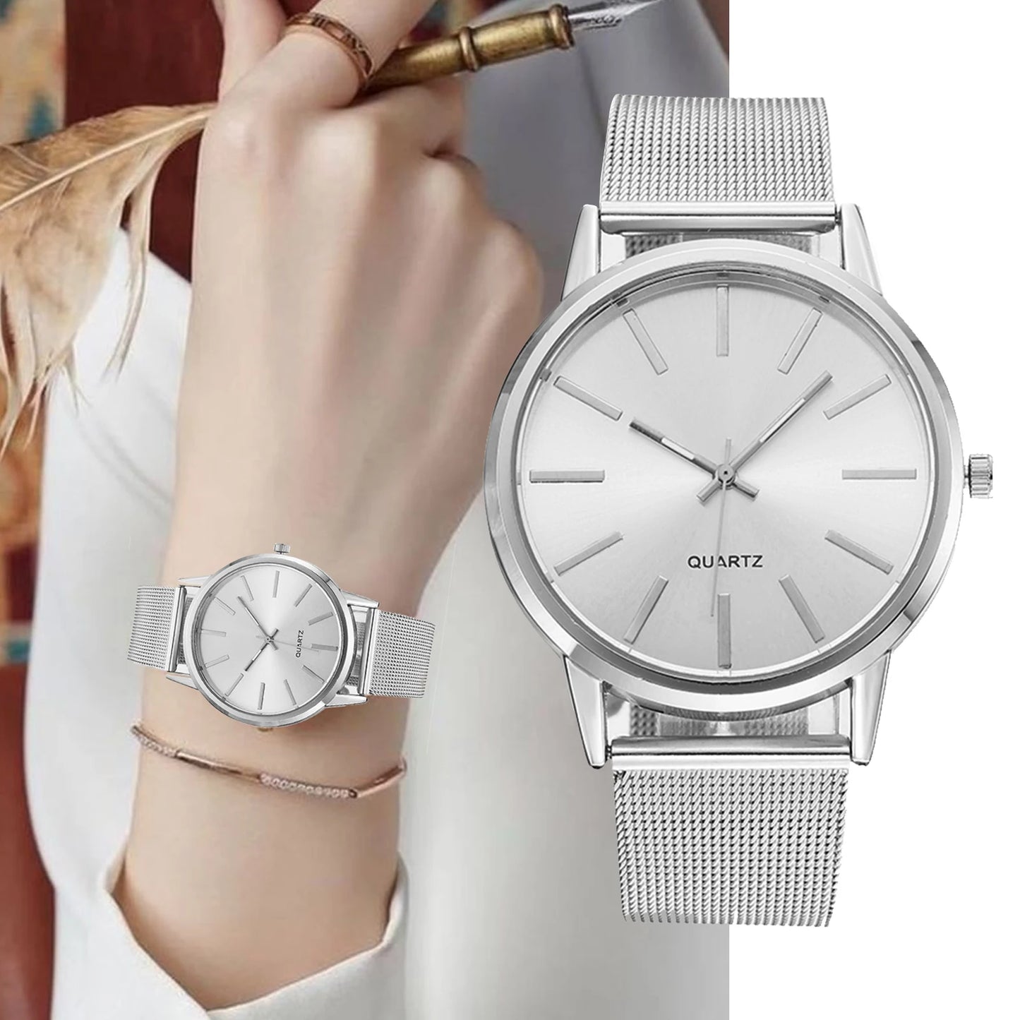 Luxury Women Watches 2023 New Stylish Silver Minimalist Business Ladies Quartz Watch Breathable Leather Steel Clock Reloj Mujer