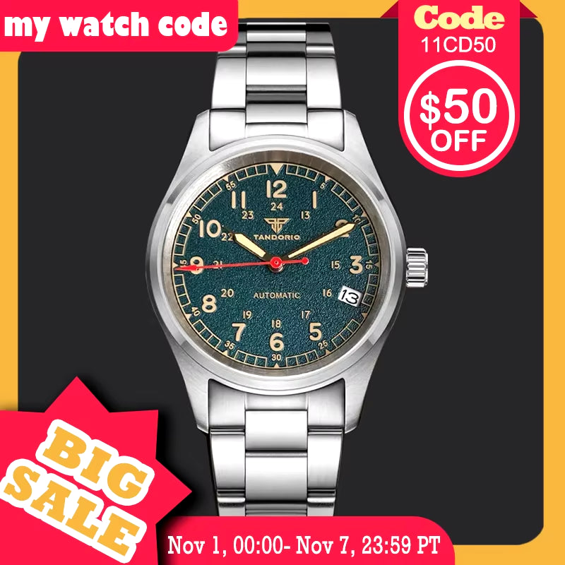 36Mm Vintage Field Diving Watch Business Mechanical Men Wristwatch NH35 Movt Small Pilot Watch 3.8 Date Red Arrow Hand