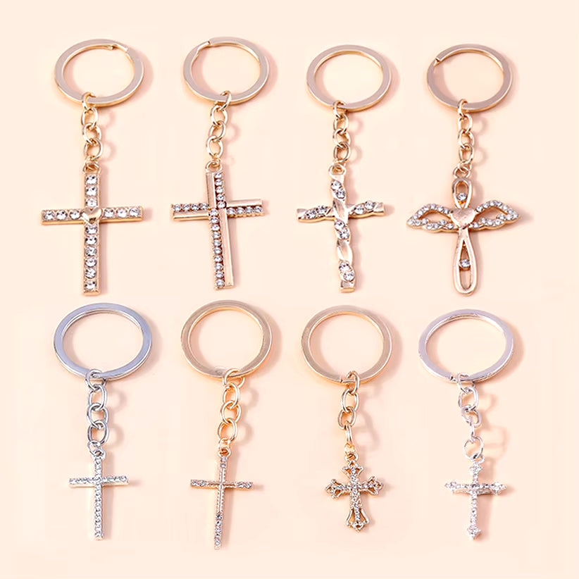 Fashion Cross Keychain for Women Men Gold Color Dazzling Crystal Religious Jesus Crucifix Key Rings Chain Christian Jewelry