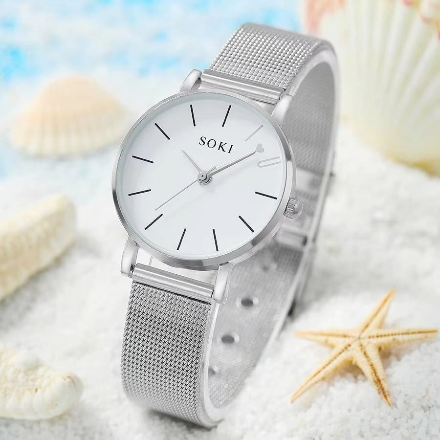 6Pc Simple Silver Quartz Watch with Bracelet for Women Casual Fashion round Simple Silver Watch Dainty Wheat Bracelets Set