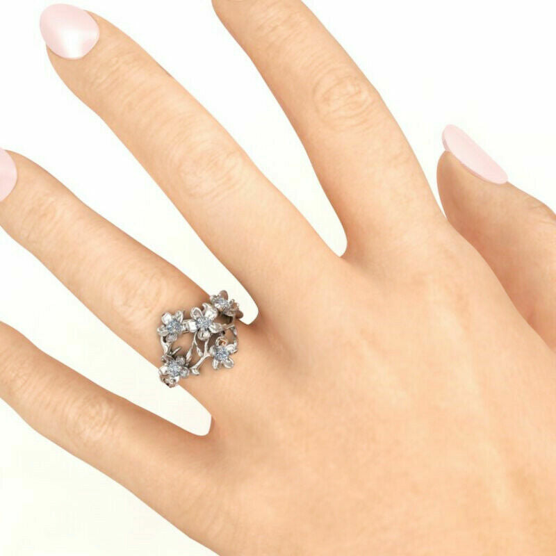 Flower Silver Plated Ring White Zircon Women Jewelry Size 6-10 Lab-Created