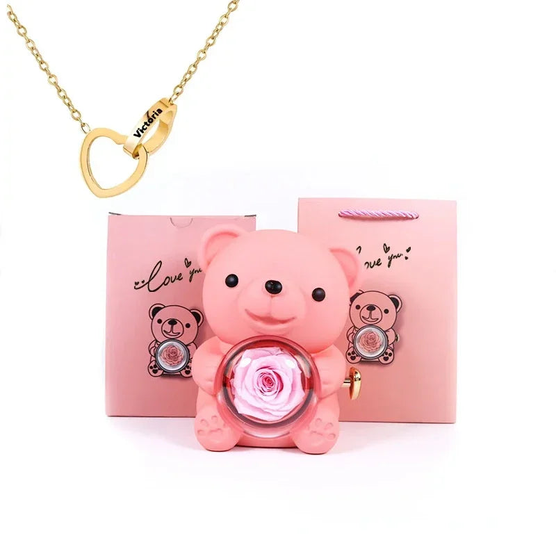 Engraved Heart Necklace with Eternal Rose Teddy Bear Rose Shaped Necklace Jewellery Gift Box Romantic Acrylic Flower Ring Locket