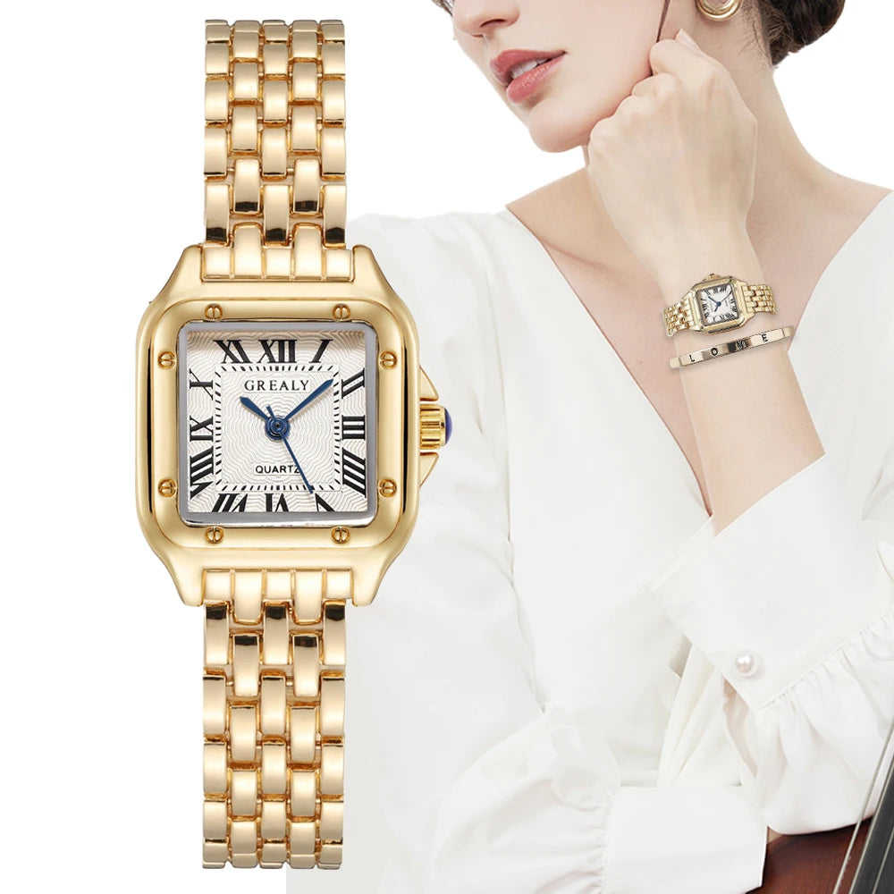 Women'S Fashion Square Watches Gold Alloy Strap 2024 Luxury Ladies Quartz Wristwatches Qualities Female Roman Scale Clock