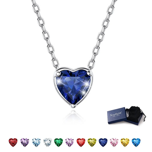 Women 925 Sterling Silver Birthstone Love Heart Necklace, Birthday Valentines Gift