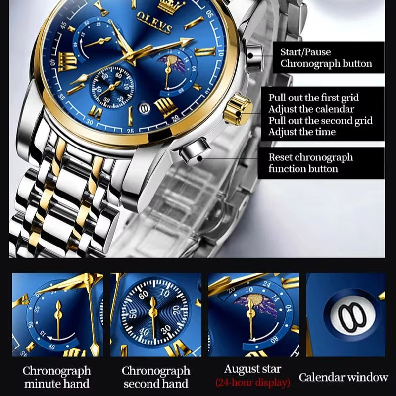 2895 Top Brand Men'S Watch Business Multi Functional Waterproof Moon Phase Calendar Chronograph Luxury Quartz Men'S Watch