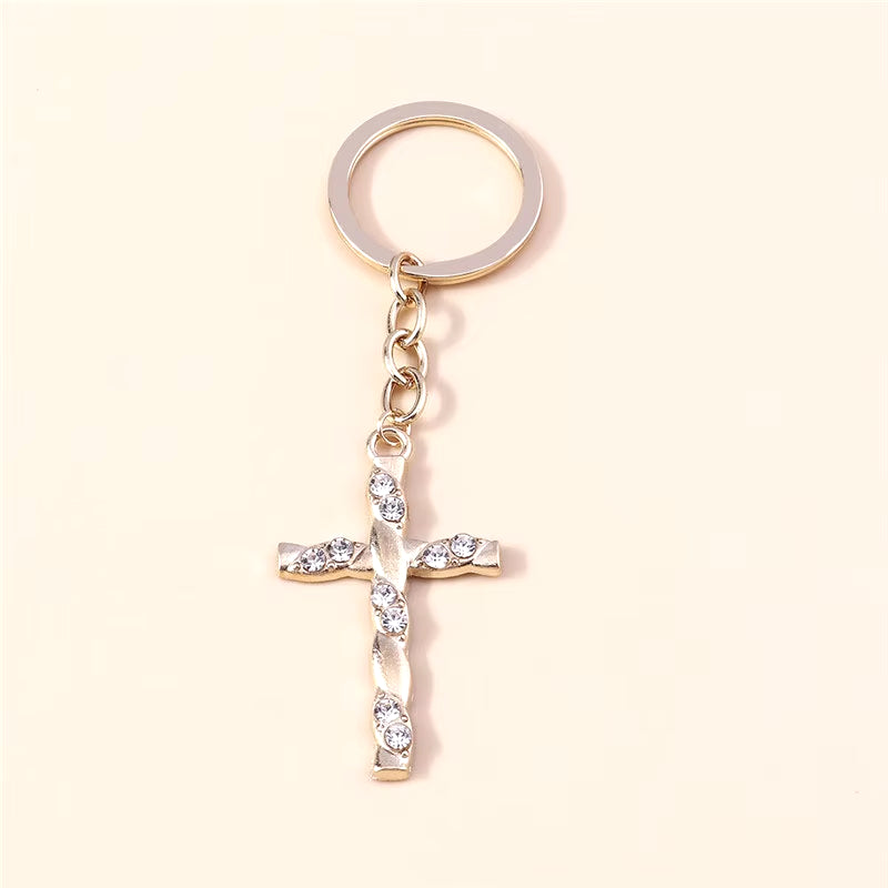 Fashion Cross Keychain for Women Men Gold Color Dazzling Crystal Religious Jesus Crucifix Key Rings Chain Christian Jewelry