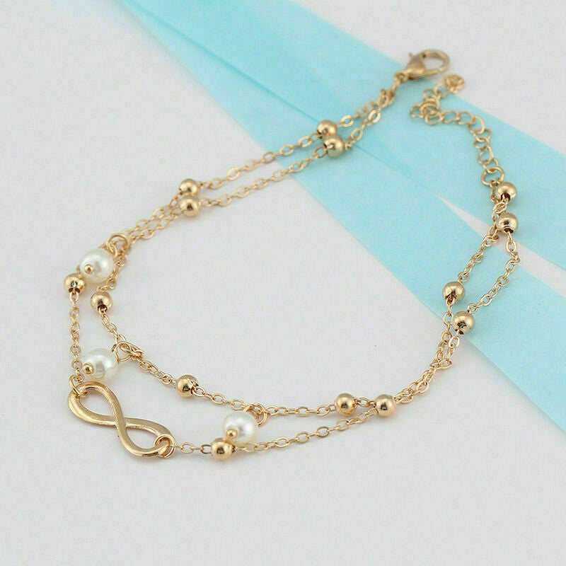 Women'S Alloy Gold Plated Double Layer Charm Love Ring Bracelet Chain Anklet