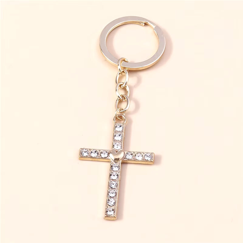 Fashion Cross Keychain for Women Men Gold Color Dazzling Crystal Religious Jesus Crucifix Key Rings Chain Christian Jewelry