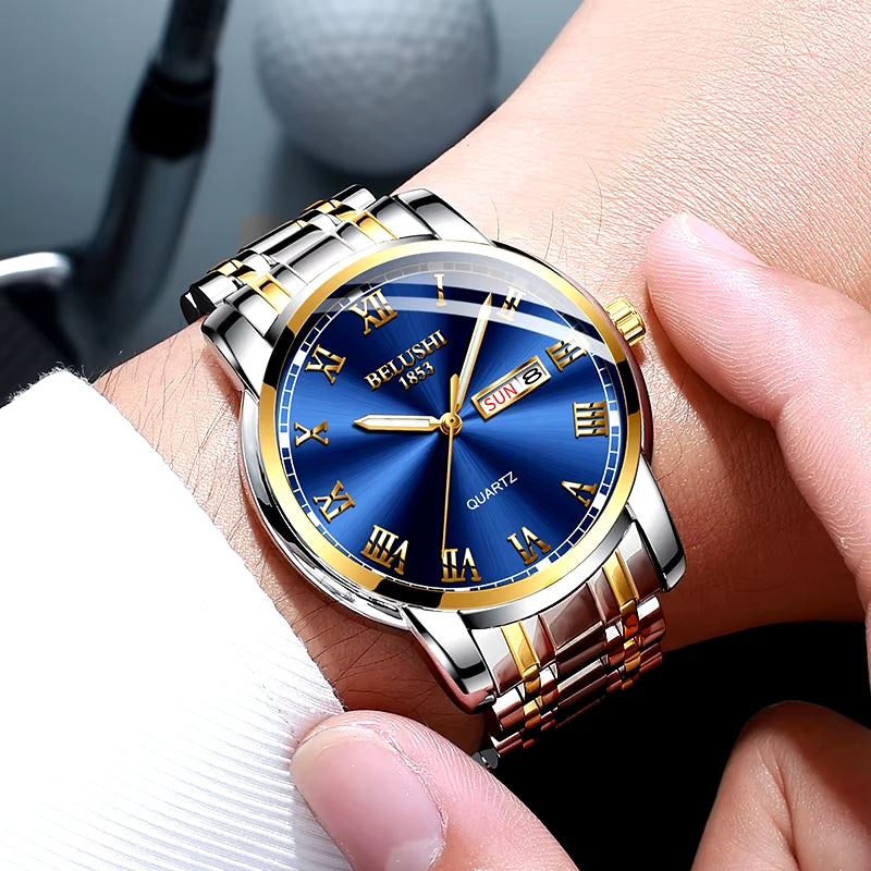 Men'S Fashion Business Quartz Watches Top Luxury Brand Full Steel Waterproof Analog Wristwatches Men Calendar Clock