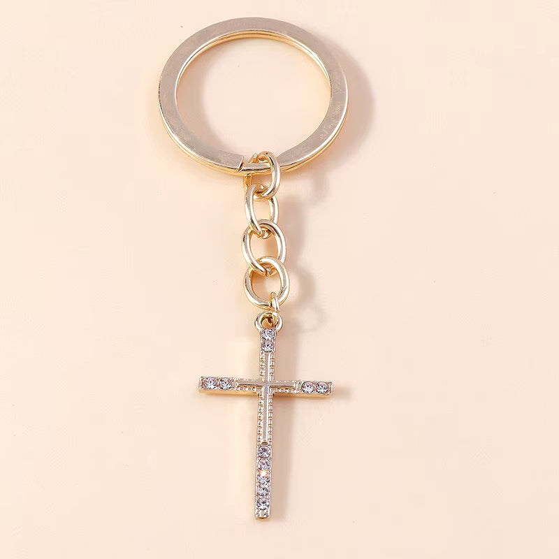 Fashion Cross Keychain for Women Men Gold Color Dazzling Crystal Religious Jesus Crucifix Key Rings Chain Christian Jewelry