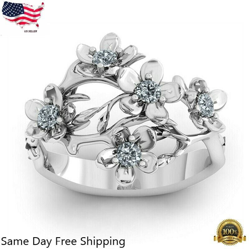 Flower Silver Plated Ring White Zircon Women Jewelry Size 6-10 Lab-Created