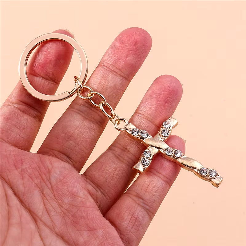 Fashion Cross Keychain for Women Men Gold Color Dazzling Crystal Religious Jesus Crucifix Key Rings Chain Christian Jewelry