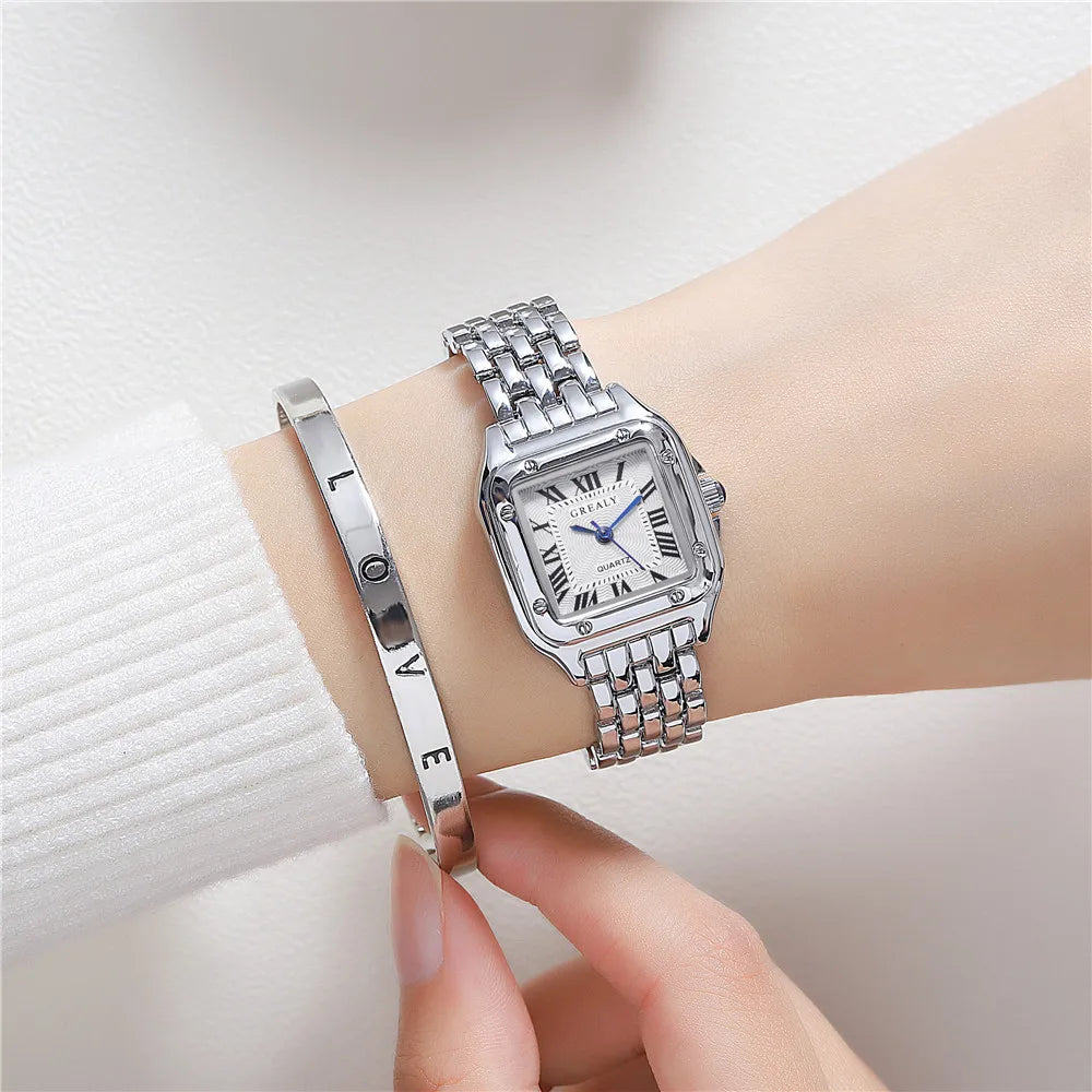 Women'S Fashion Square Watches Gold Alloy Strap 2024 Luxury Ladies Quartz Wristwatches Qualities Female Roman Scale Clock