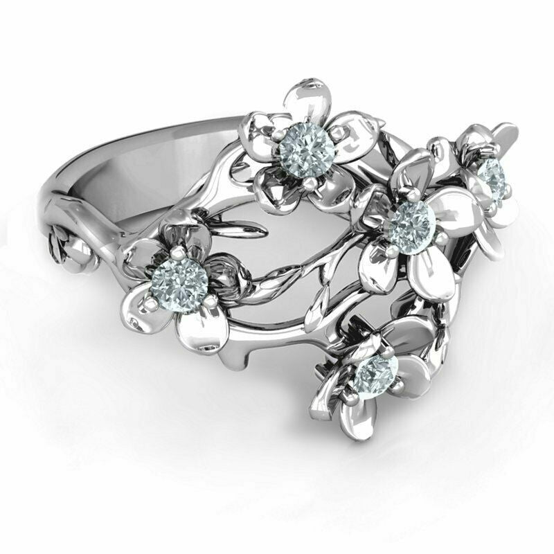 Flower Silver Plated Ring White Zircon Women Jewelry Size 6-10 Lab-Created