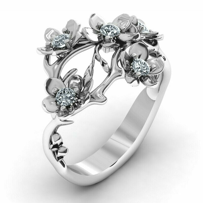 Flower Silver Plated Ring White Zircon Women Jewelry Size 6-10 Lab-Created