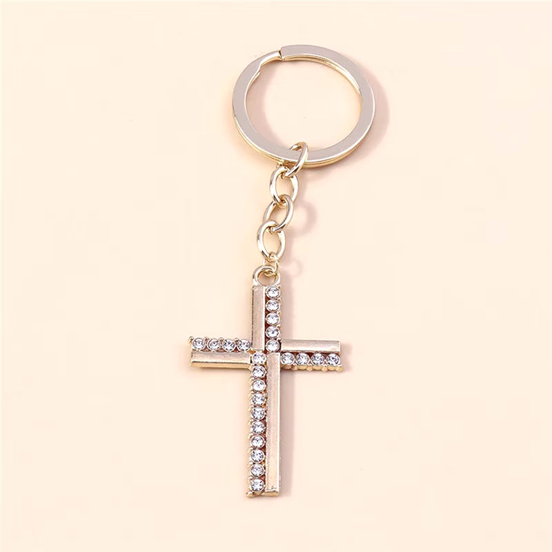 Fashion Cross Keychain for Women Men Gold Color Dazzling Crystal Religious Jesus Crucifix Key Rings Chain Christian Jewelry