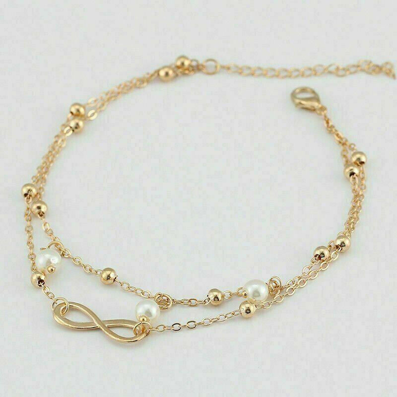 Women'S Alloy Gold Plated Double Layer Charm Love Ring Bracelet Chain Anklet