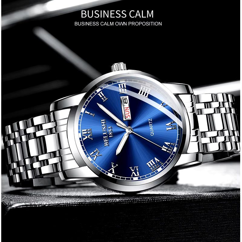 Men'S Fashion Business Quartz Watches Top Luxury Brand Full Steel Waterproof Analog Wristwatches Men Calendar Clock