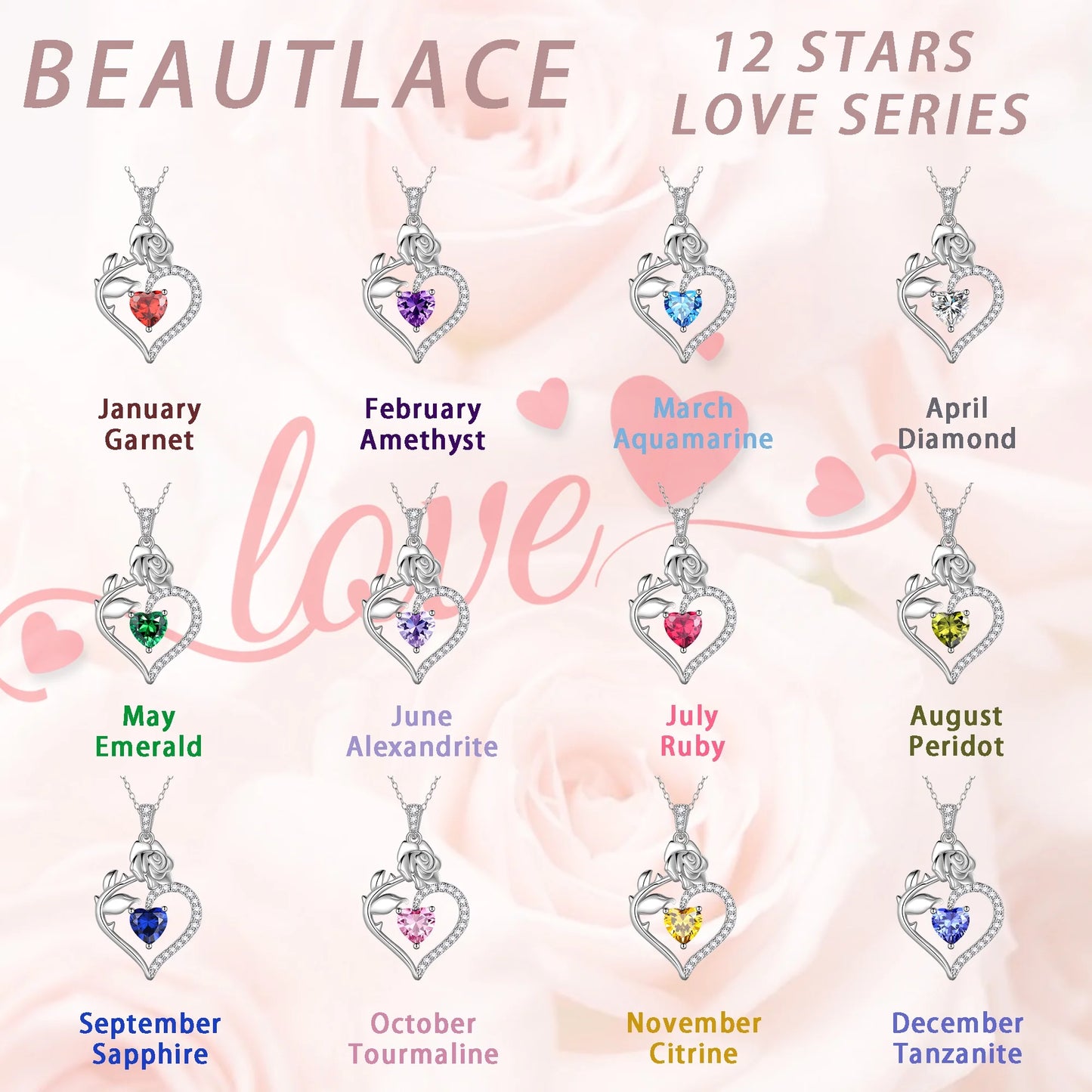 925 Sterling Silver Birthstone Necklace for Women Rose Flower Heart Pendant Necklace Fine Jewelry Anniversary Birthday Christmas Gifts for Women Girls