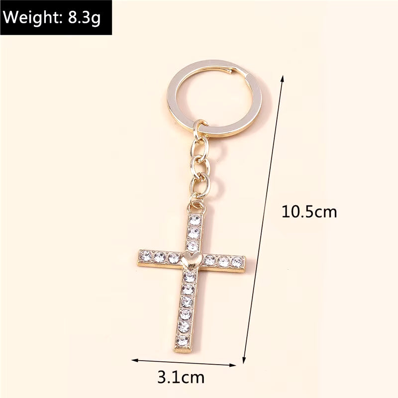 Fashion Cross Keychain for Women Men Gold Color Dazzling Crystal Religious Jesus Crucifix Key Rings Chain Christian Jewelry