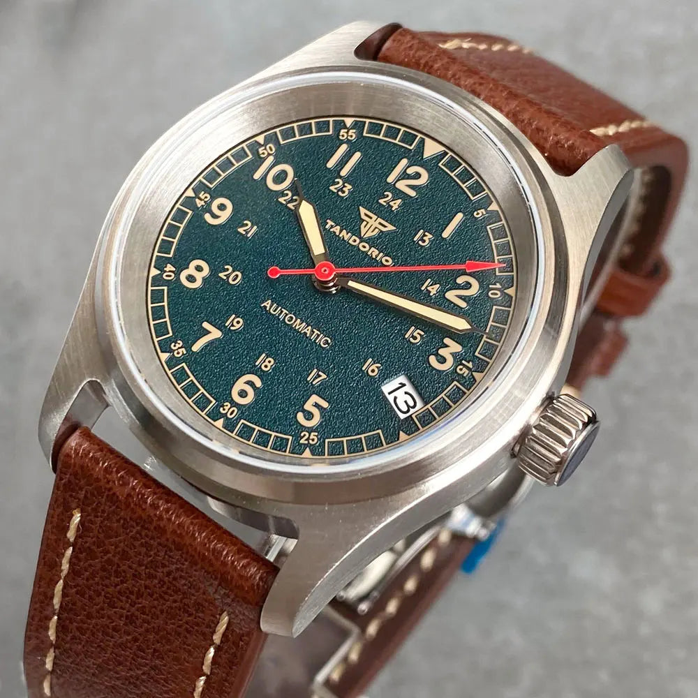 36Mm Vintage Field Diving Watch Business Mechanical Men Wristwatch NH35 Movt Small Pilot Watch 3.8 Date Red Arrow Hand