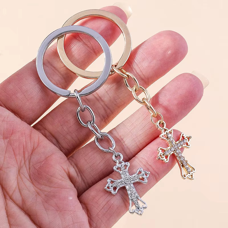 Fashion Cross Keychain for Women Men Gold Color Dazzling Crystal Religious Jesus Crucifix Key Rings Chain Christian Jewelry