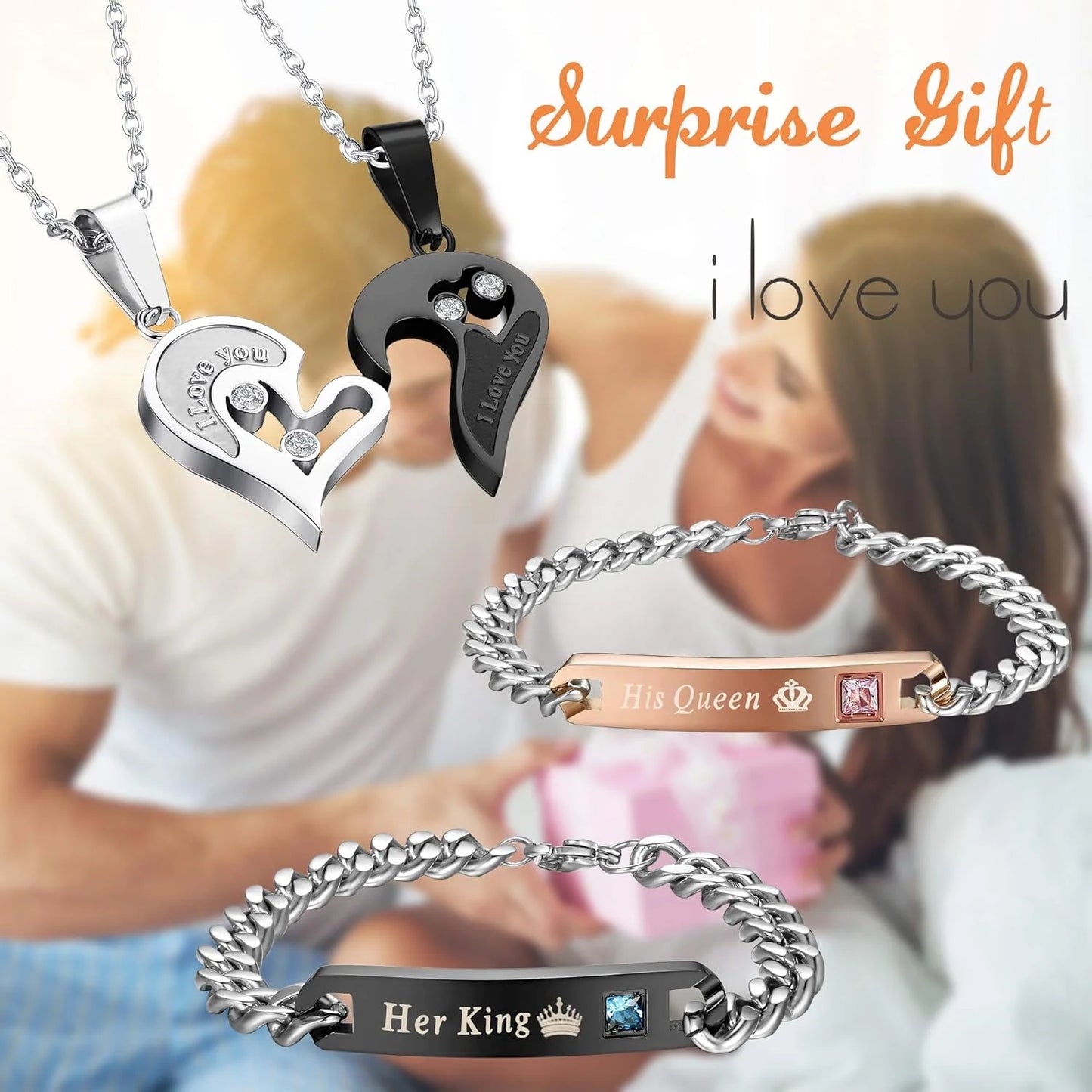 4Pcs Couple Necklace Bracelets Matching Set for Women Men Heart Pendant Necklace His & Hers Bracelets Couple Gift